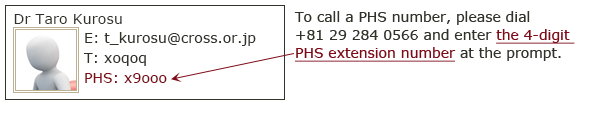 To call a PHS number, please dial +81 29 284 0566 and enter the 4-digit PHS extension number at the prompt.